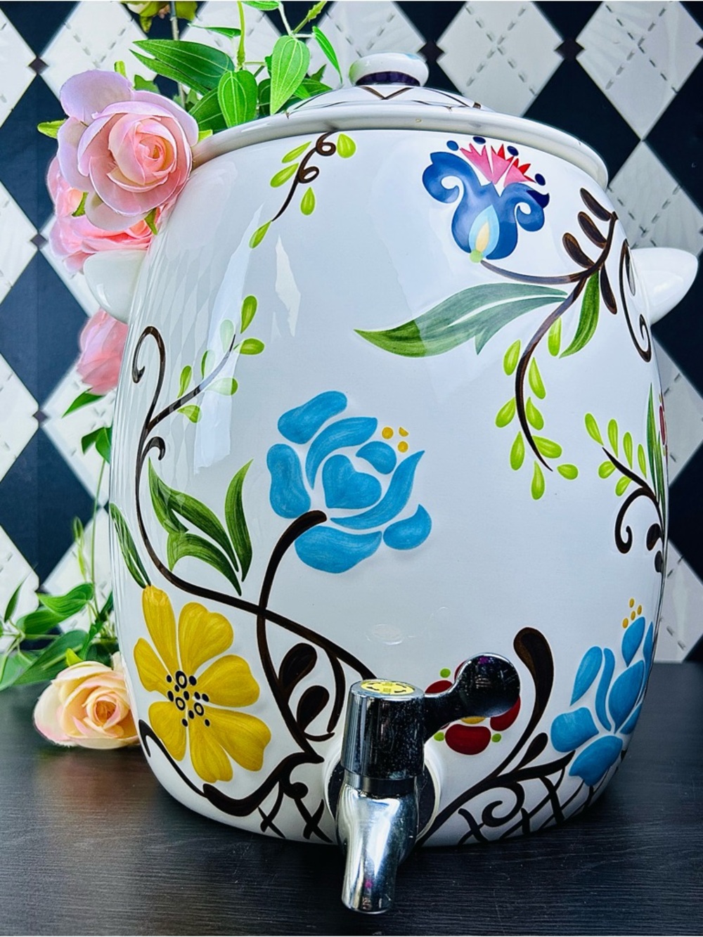Floral Jardine Beverage Dispenser‎ 2 Gallon Ceramic Drink Server with Lid Spring